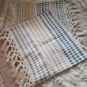 2 handmade pillow covers blue cream macrame woven